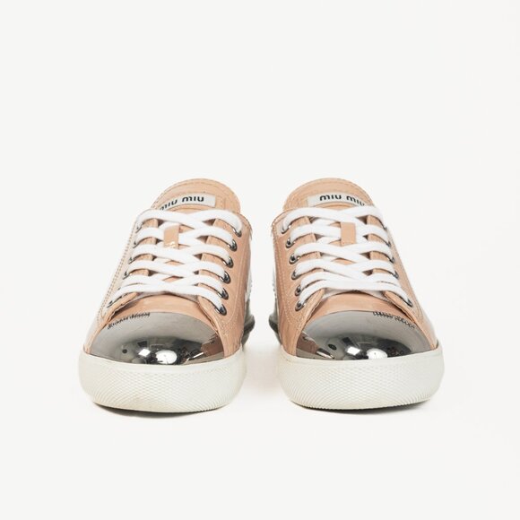 Miu Miu Nude Patent-Leather Cap-Toe Lace-Up Sneakers - Picture 2 of 12